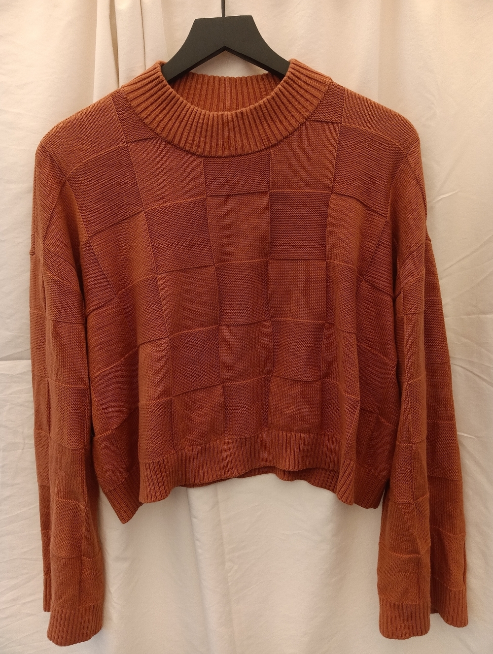 Vans Cammile Cropped Sweater Orange Checkered Knit Boxy Fit 100% Cotton